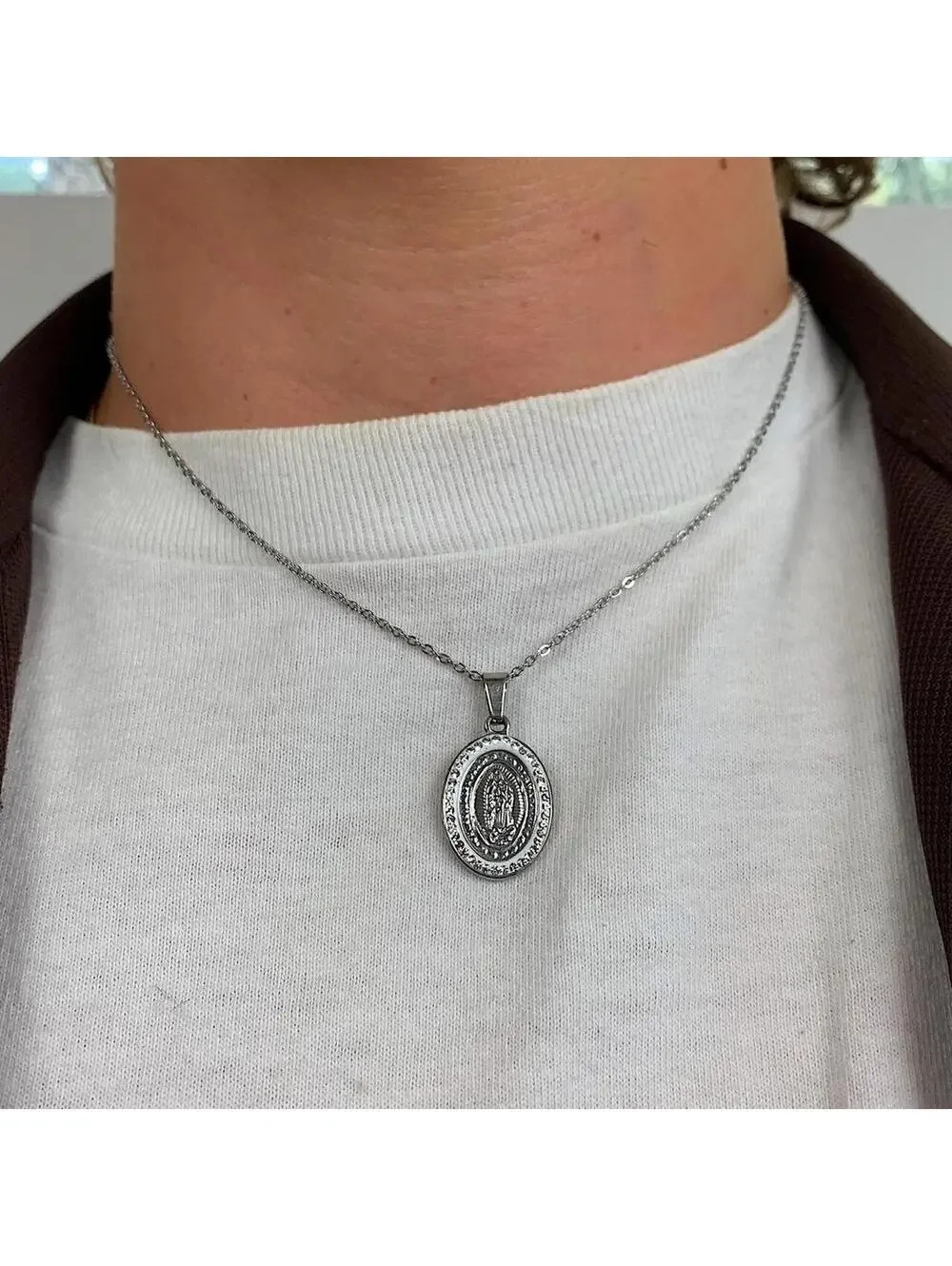 Stainless steel Silver Saint Marry rhinestone pendant y2k 90s style necklace
